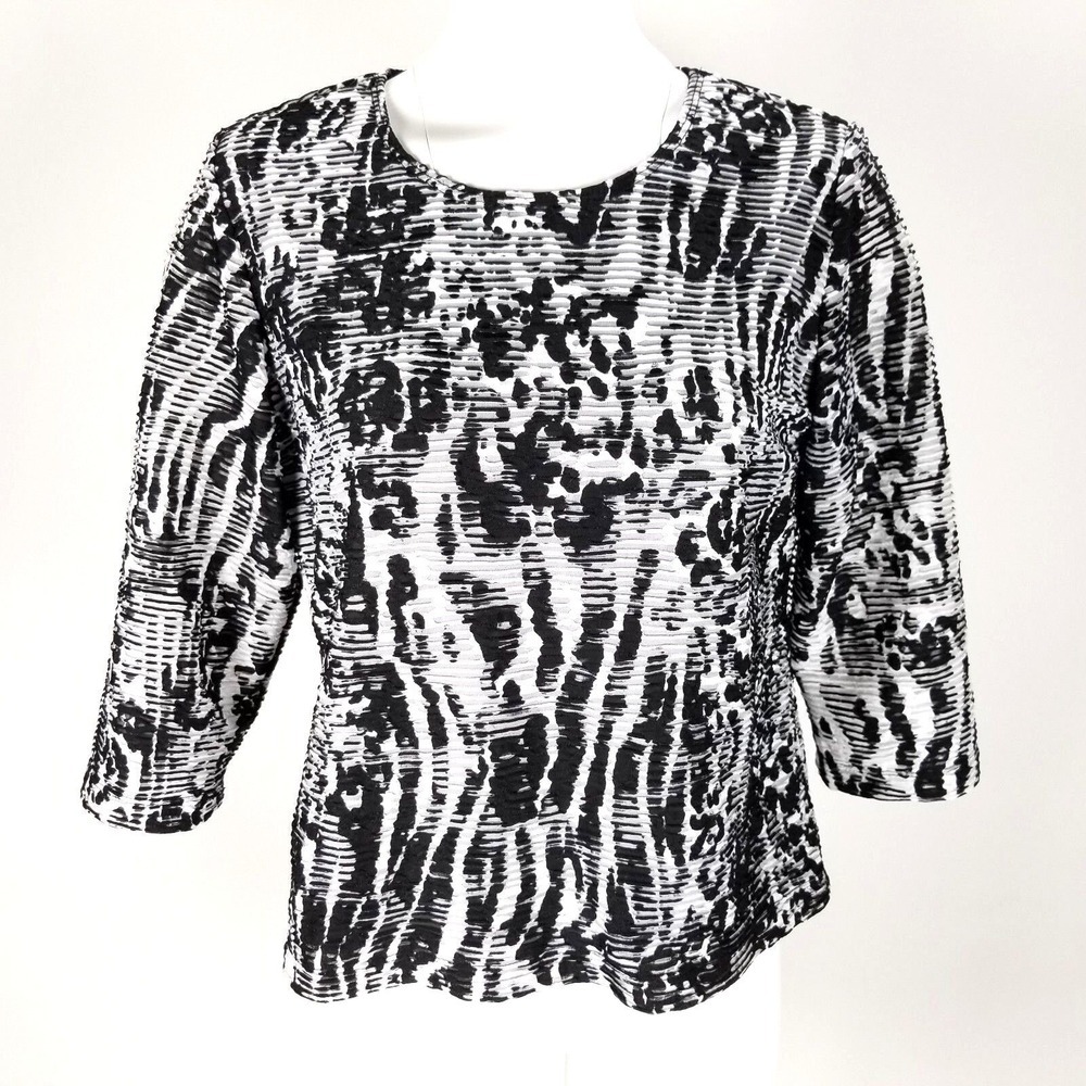 Laura Ashley Women's Top‎ Size L Petite Black and White Ribbed Semi Sheer Blouse